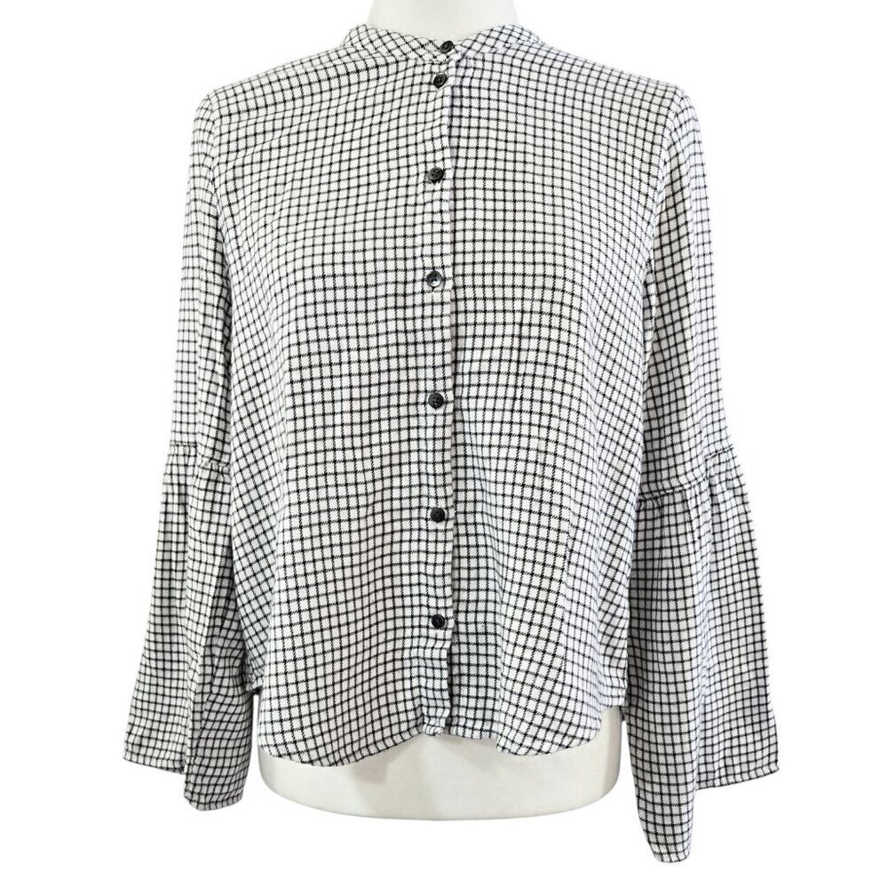Madewell White Black Windowpane Bell Sleeve Button-Up Shirt Picnic Preppy